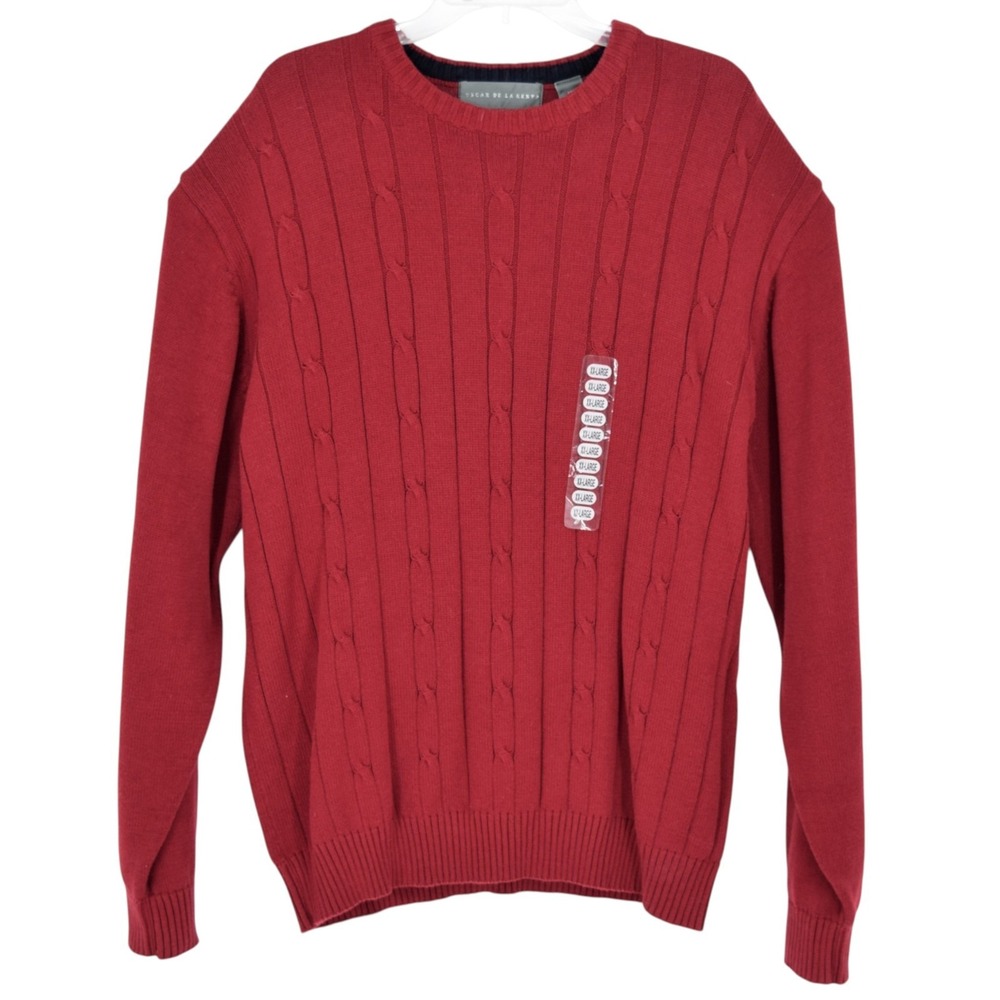 NWT Oscar de la Renta Mens XXL Heavy Red Navy Cotton Cable Knit Crewneck Sweater